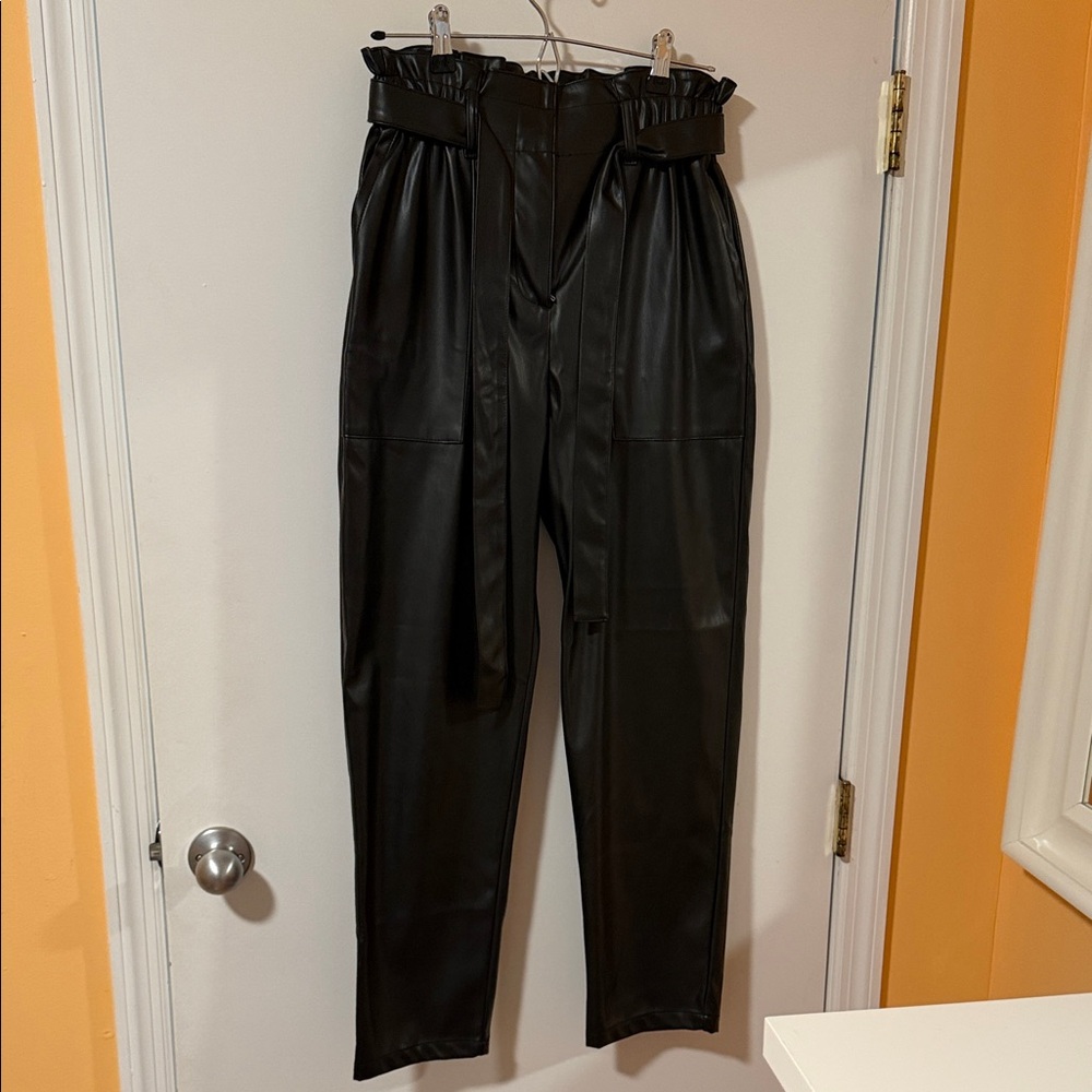 New Black Faux Leather Paperbag Pants Size 2